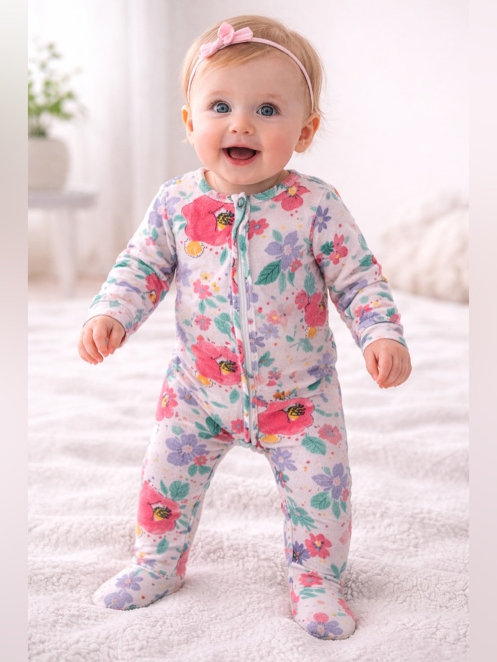 Angel Dear Bamboo Footie Pajamas Floral Ruffle Zip Sleeper Soft Baby | Size 0-3M